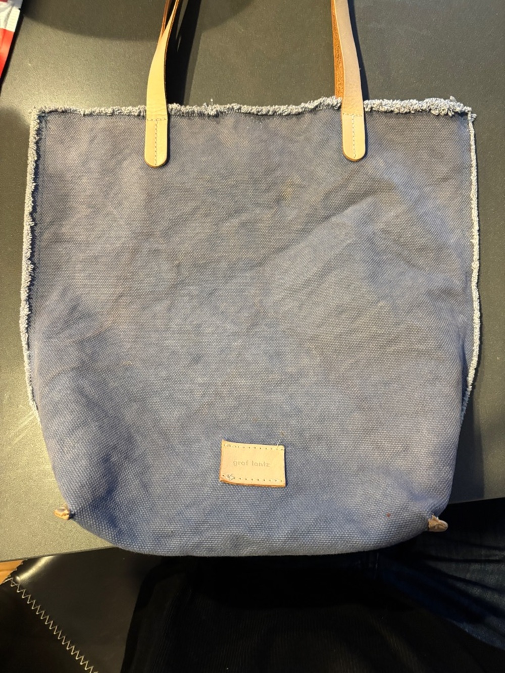 Graf Lantz Canvas Tote Bag in Blue with Tan leather Straps used once